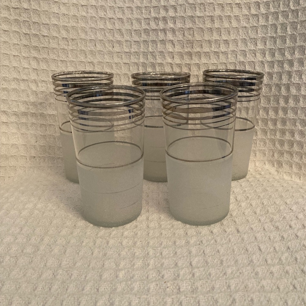 W. Virginia Glass Frost Nip Clear Glasses With Silver Stripe Tops & Frost Bottom